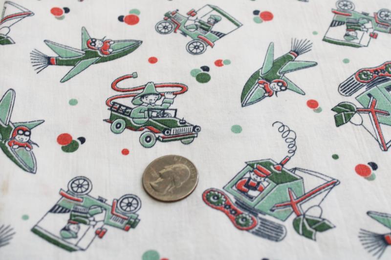 photo of 30s 40s vintage print feedsack fabric, boys w/ rocket planes, steam shovel, fire trucks  #2