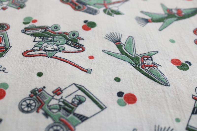 photo of 30s 40s vintage print feedsack fabric, boys w/ rocket planes, steam shovel, fire trucks  #3