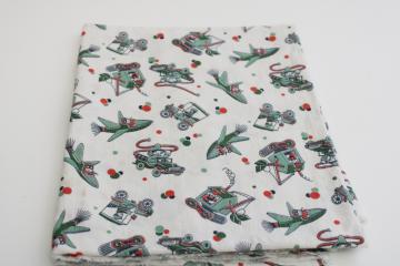 catalog photo of 30s 40s vintage print feedsack fabric, boys w/ rocket planes, steam shovel, fire trucks 