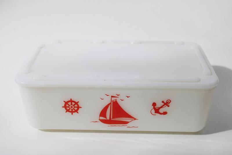 photo of 30s vintage McKee red sailboats milk glass refrigerator box, leftovers dish w/ cover  #1