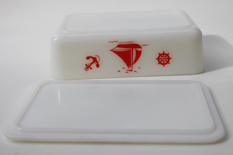 photo of 30s vintage McKee red sailboats milk glass refrigerator box, leftovers dish w/ cover  #6