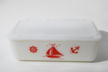 catalog photo of 30s vintage McKee red sailboats milk glass refrigerator box, leftovers dish w/ cover 