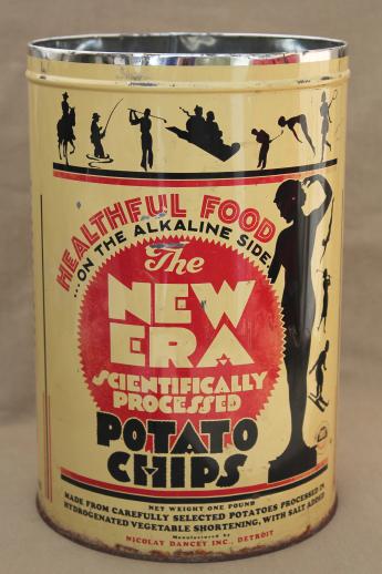 photo of 30s vintage New Era potato chips can, old advertising tin w/ art deco silhouettes #1