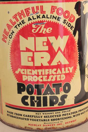 photo of 30s vintage New Era potato chips can, old advertising tin w/ art deco silhouettes #8