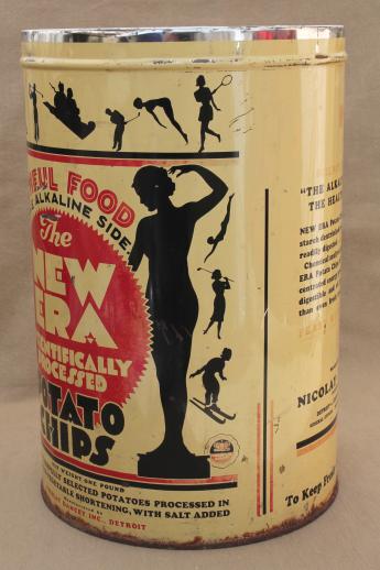 photo of 30s vintage New Era potato chips can, old advertising tin w/ art deco silhouettes #9