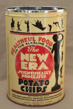 catalog photo of 30s vintage New Era potato chips can, old advertising tin w/ art deco silhouettes