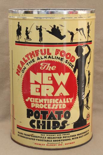 photo of 30s vintage New Era potato chips can, old advertising tin w/ art deco silhouettes #1