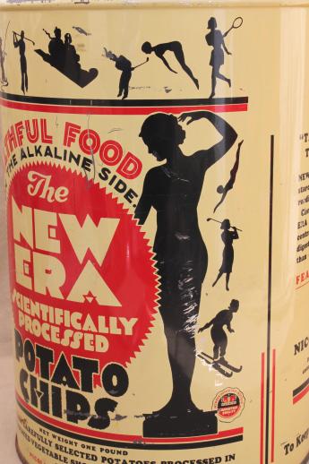 photo of 30s vintage New Era potato chips can, old advertising tin w/ art deco silhouettes #8