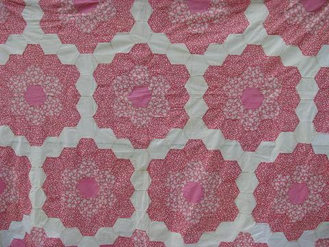 photo of 30s vintage antique patchwork quilt top, candy pink cotton prints, huge! #1