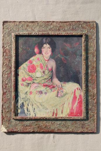 photo of 30s vintage bohemian art print, pretty senorita in fringed shawl #1