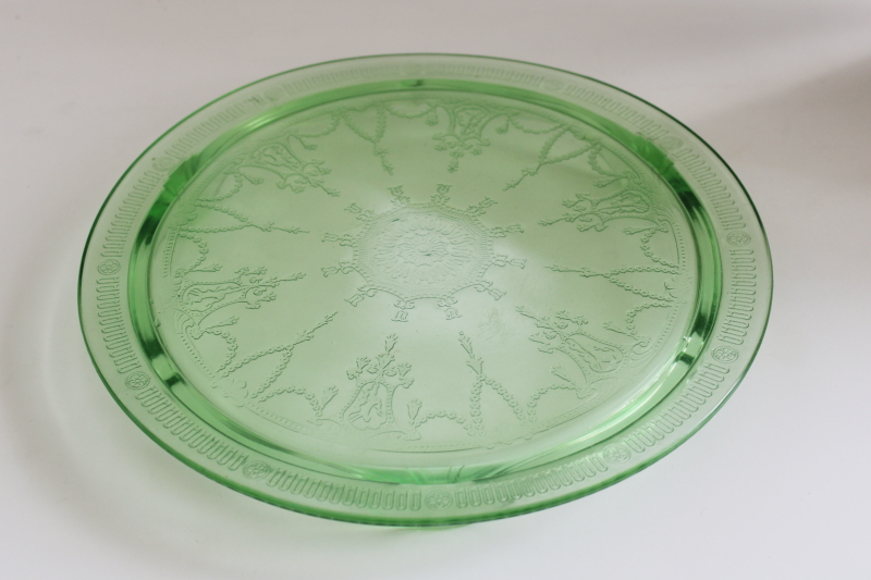 photo of 30s vintage depression glass cake plate, uranium glow green glass Cameo Anchor Hocking  #3