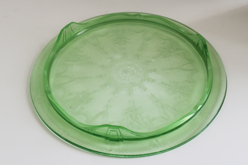 photo of 30s vintage depression glass cake plate, uranium glow green glass Cameo Anchor Hocking  #5