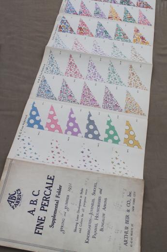 photo of 30s vintage fabric sample book, ABC percale print cotton fabric swatches catalog #1