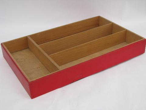 photo of 30s vintage flatware / kitchen utensil tray, old wood knife box, red paint #1