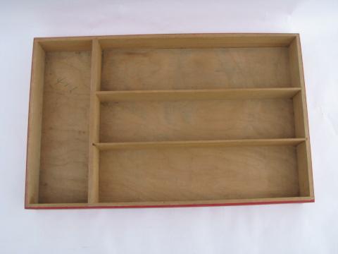 photo of 30s vintage flatware / kitchen utensil tray, old wood knife box, red paint #3
