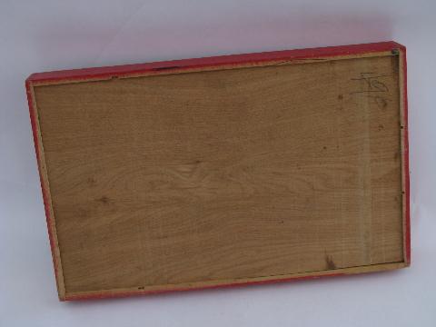 photo of 30s vintage flatware / kitchen utensil tray, old wood knife box, red paint #4