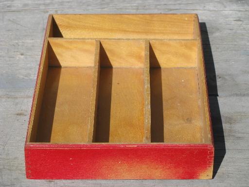 photo of 30s vintage flatware / kitchen utensil tray, old wood knife box, red paint #2