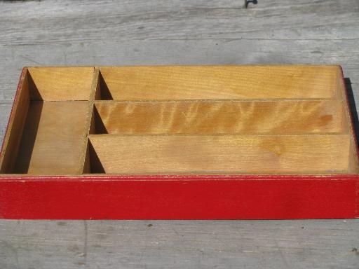 photo of 30s vintage flatware / kitchen utensil tray, old wood knife box, red paint #3