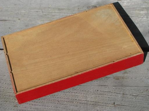 photo of 30s vintage flatware / kitchen utensil tray, old wood knife box, red paint #5