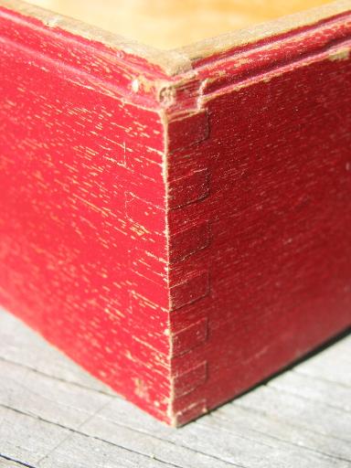 photo of 30s vintage flatware / kitchen utensil tray, old wood knife box, red paint #6