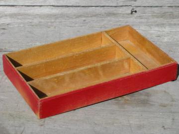 catalog photo of 30s vintage flatware / kitchen utensil tray, old wood knife box, red paint