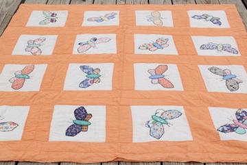 catalog photo of 30s vintage make do quilt, depression era sugar sacks & feedsack fabric applique butterflies