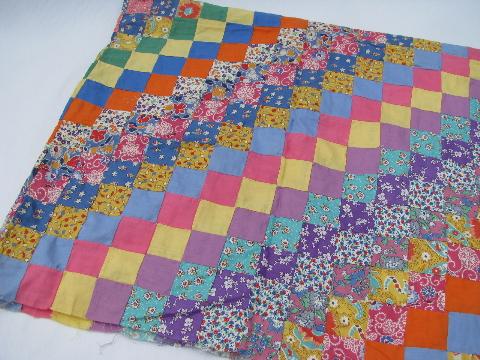 photo of 30s vintage patchwork quilt top, all old cotton prints, tumbling blocks #2