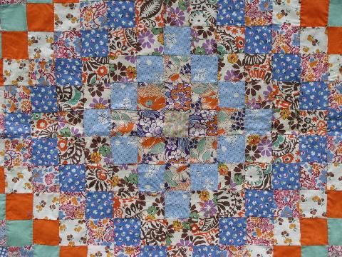 photo of 30s vintage patchwork quilt top, all old cotton prints, tumbling blocks #3