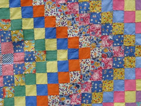 photo of 30s vintage patchwork quilt top, all old cotton prints, tumbling blocks #4