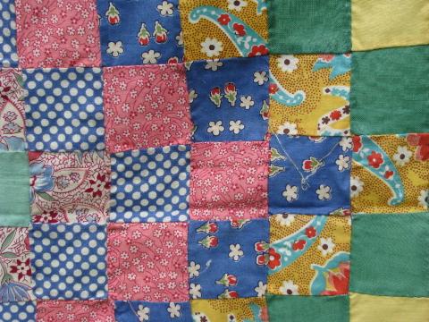 photo of 30s vintage patchwork quilt top, all old cotton prints, tumbling blocks #5