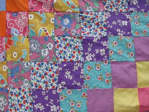 photo of 30s vintage patchwork quilt top, all old cotton prints, tumbling blocks #6