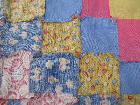 photo of 30s vintage patchwork quilt top, all old cotton prints, tumbling blocks #7