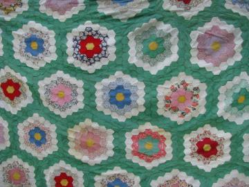 catalog photo of 30s vintage patchwork quilt top, jadite green/cotton prints, huge!