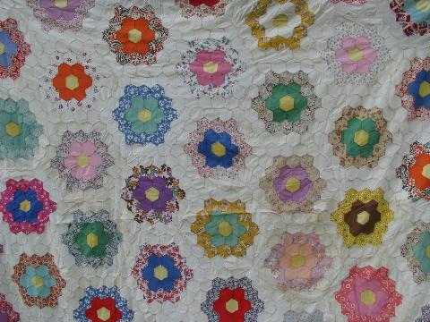 photo of 30s vintage patchwork quilt top, old cotton prints, grandma's flower garden #1