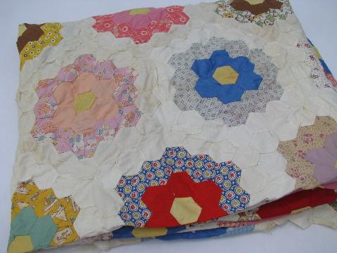 photo of 30s vintage patchwork quilt top, old cotton prints, grandma's flower garden #2