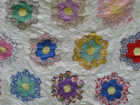 photo of 30s vintage patchwork quilt top, old cotton prints, grandma's flower garden #3