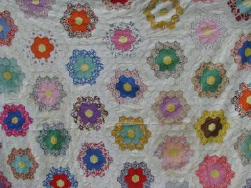 catalog photo of 30s vintage patchwork quilt top, old cotton prints, grandma's flower garden