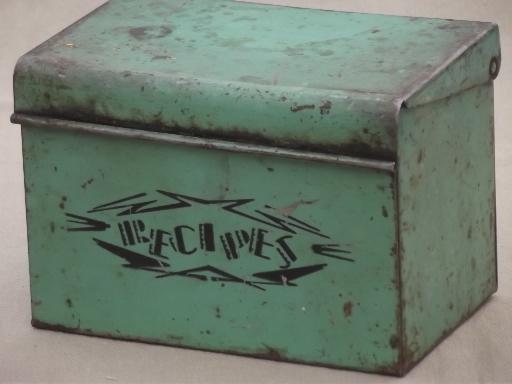 photo of 30s vintage recipe card box, jadite green metal box w/ Monarch flour recipes #1