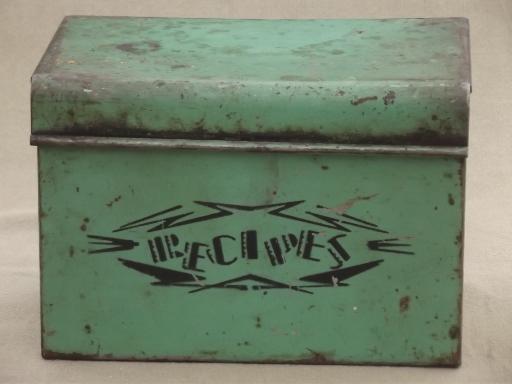 photo of 30s vintage recipe card box, jadite green metal box w/ Monarch flour recipes #2