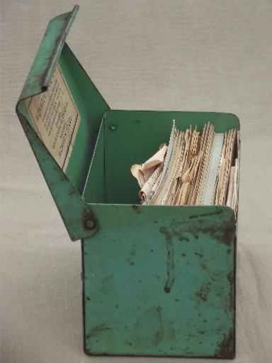 photo of 30s vintage recipe card box, jadite green metal box w/ Monarch flour recipes #3