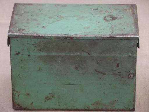 photo of 30s vintage recipe card box, jadite green metal box w/ Monarch flour recipes #4