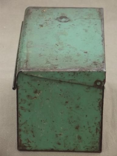 photo of 30s vintage recipe card box, jadite green metal box w/ Monarch flour recipes #5