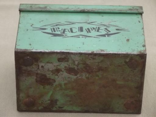 photo of 30s vintage recipe card box, jadite green metal box w/ Monarch flour recipes #6