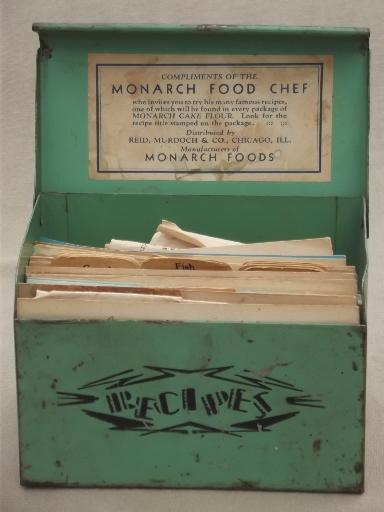 photo of 30s vintage recipe card box, jadite green metal box w/ Monarch flour recipes #7