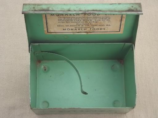 photo of 30s vintage recipe card box, jadite green metal box w/ Monarch flour recipes #8