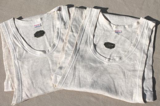 photo of 30s vintage ribbed cotton / wool undershirts w/ paper labels, men's work wear athletic tank shirts #1