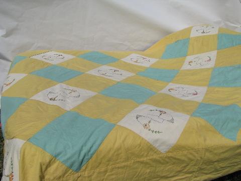 photo of 30s vintage yellow & jadite green quilt, hand-embroidered flowers blocks #1