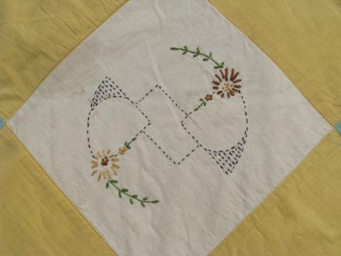 photo of 30s vintage yellow & jadite green quilt, hand-embroidered flowers blocks #2