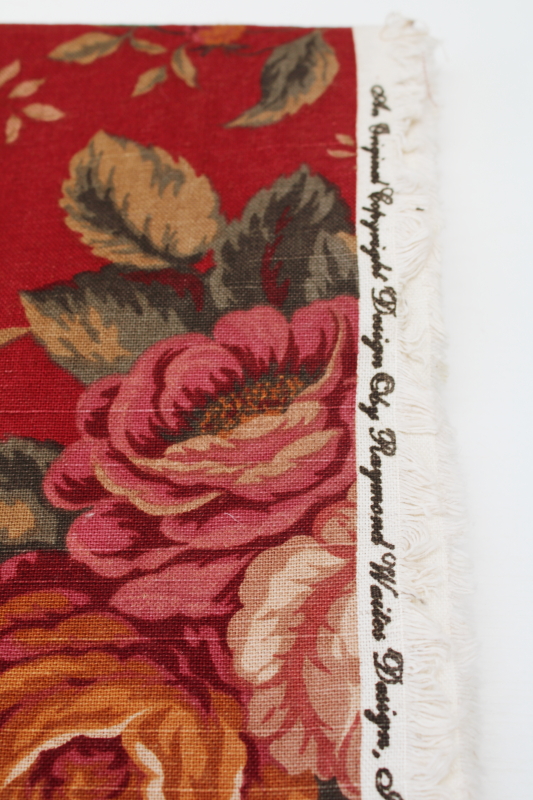 photo of 4+ yards linen weave cotton decor fabric, 90s vintage floral on red Ralph Lauren style  #2