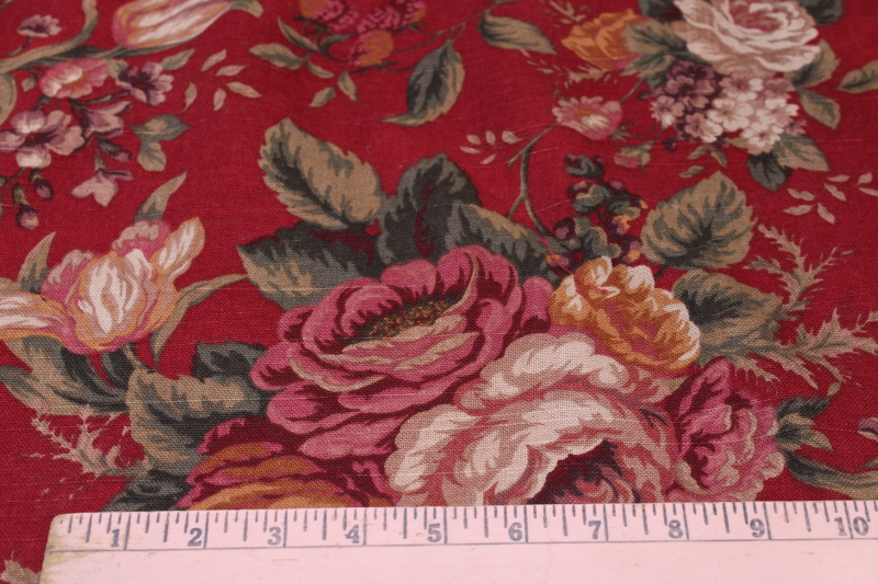photo of 4+ yards linen weave cotton decor fabric, 90s vintage floral on red Ralph Lauren style  #4